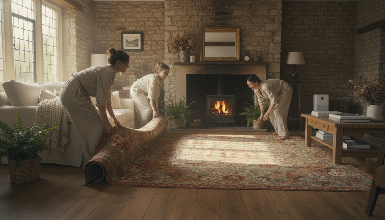 A luxurious Cotswolds-inspired living room featuring a heritage rug with intricate botanical patterns and neutral earth tones.