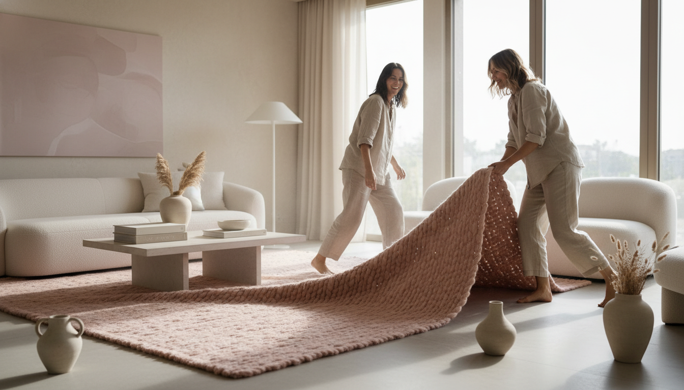 Sophisticated living room featuring a subtle blush-toned designer rug with natural lighting highlighting the wool texture.