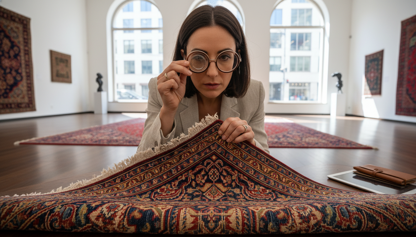 High-end rug inspection showing professional tools and intricate knotting patterns on a luxury carpet.