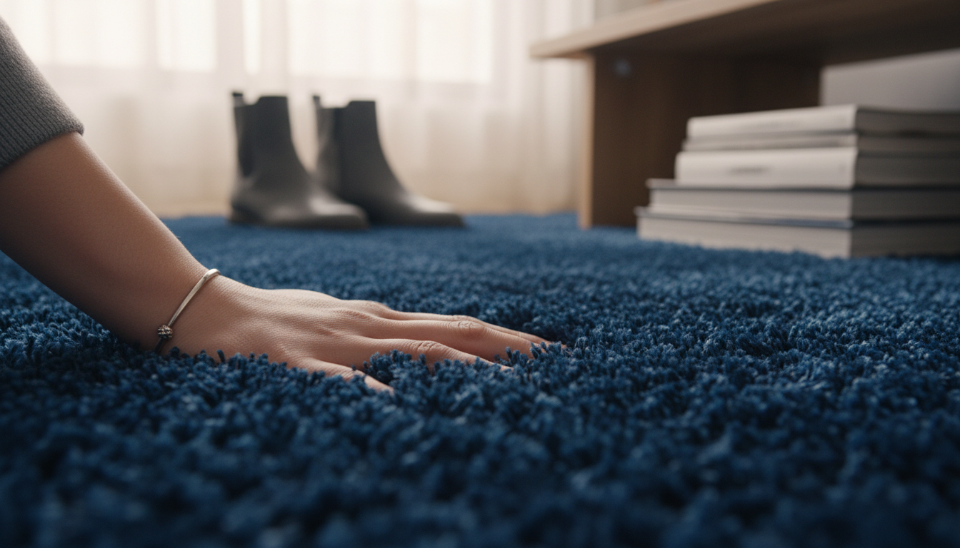Texture detail of a high-density midnight sapphire saturated jewel tone rug highlighting its monochromatic depth.