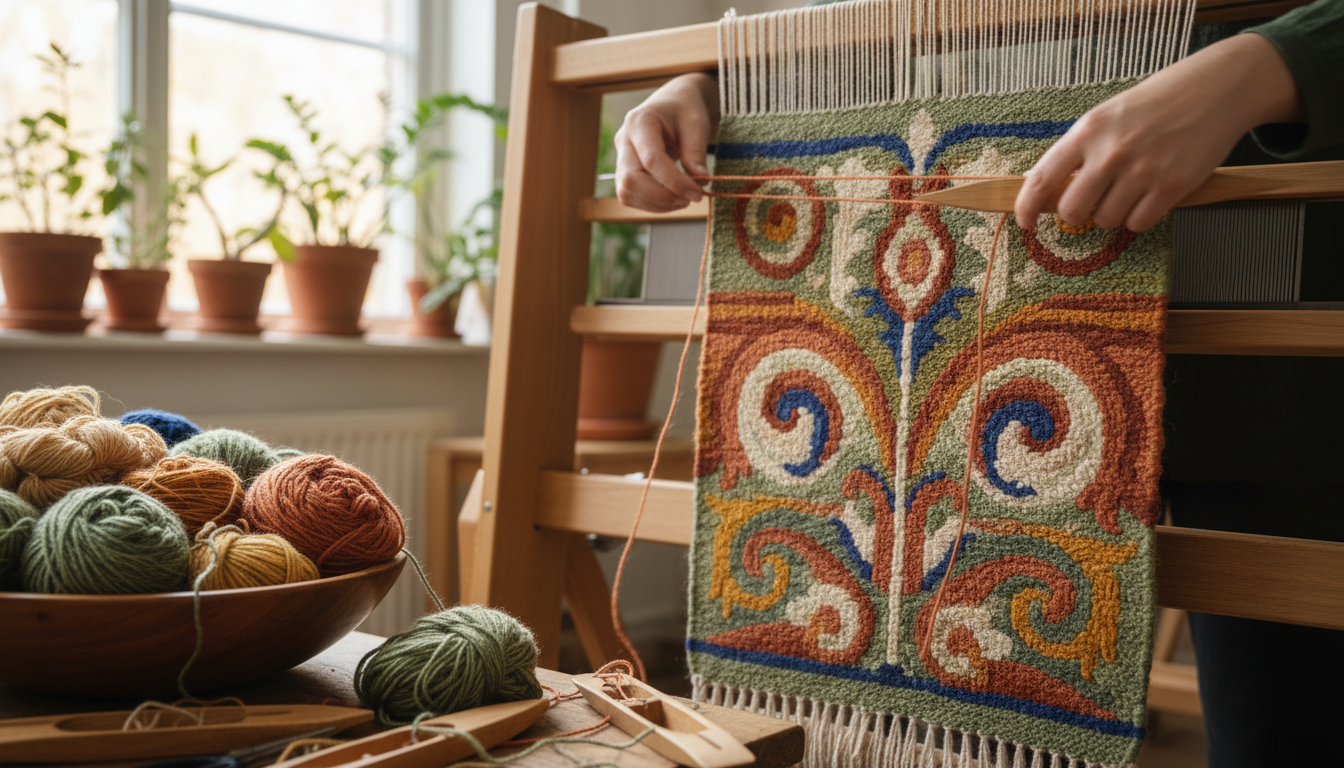 Close-up of natural-dyed yarns and a Folk Nouveau flatweave rug under construction.