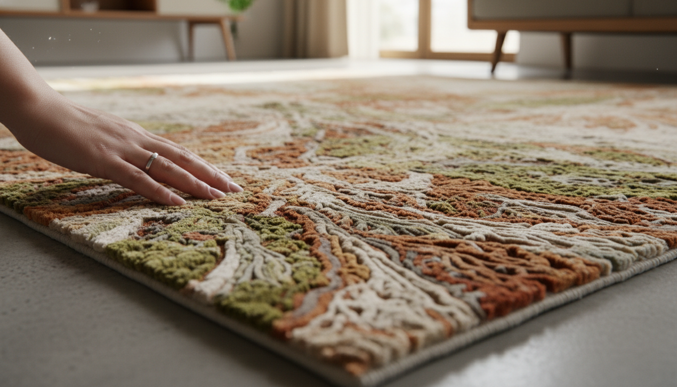 Close-up detail of mushroom silk rug fibers illustrating the velvet-like luxury of sustainable bio-fiber rugs 2026.