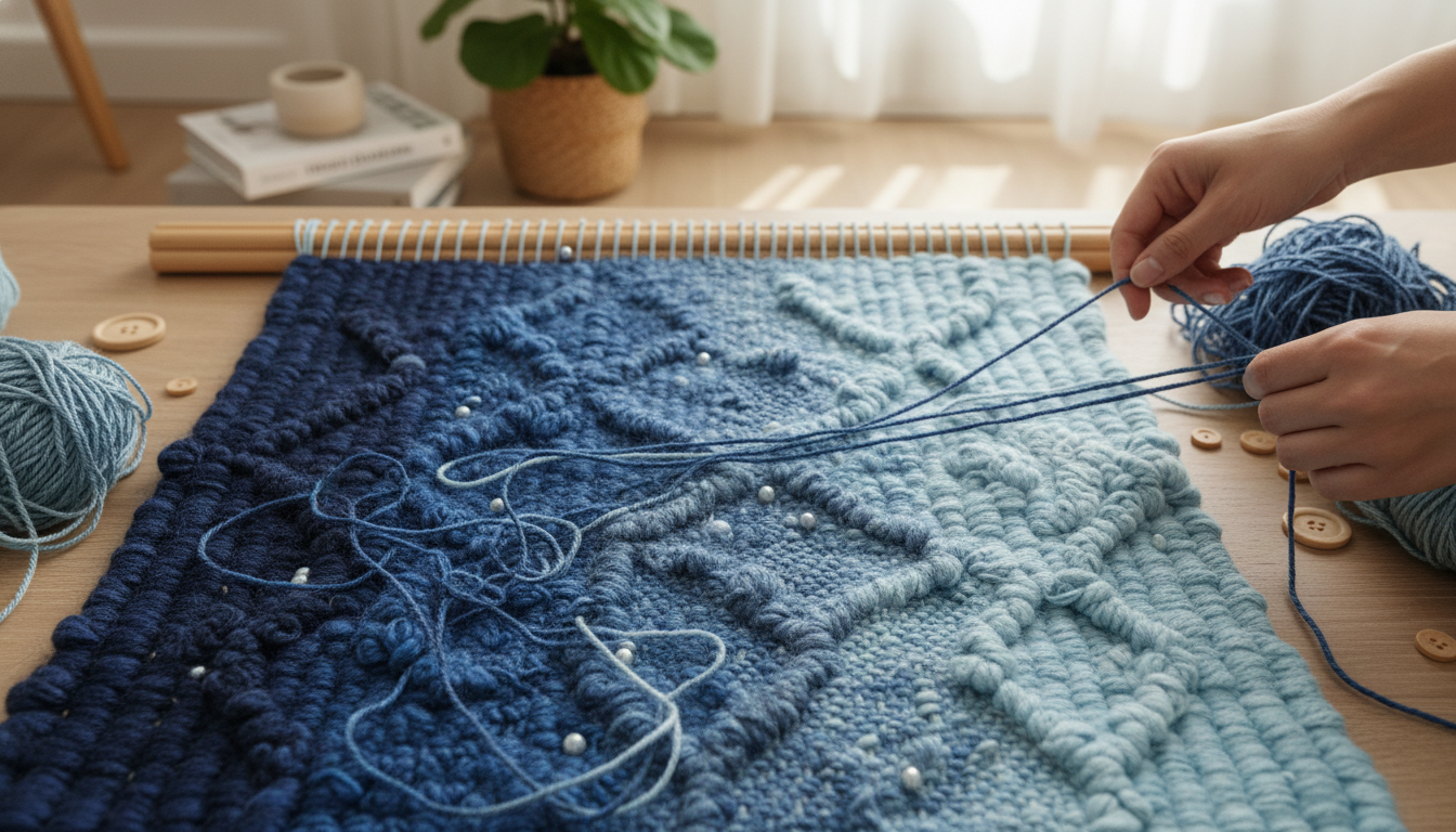 Detailed close-up of indigo wool fibers showcasing the tonal depth and psychological calm of blue rugs.