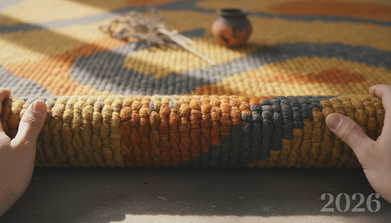 Detailed view of mineral-toned fibers in a high-quality Afro-Bohemian rug featuring ochre and basalt hues.