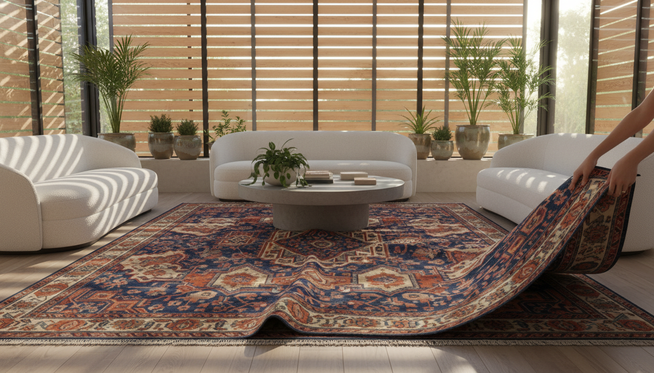 A sophisticated living space demonstrating how controlled natural light protects the dyes of a luxury floor rug.