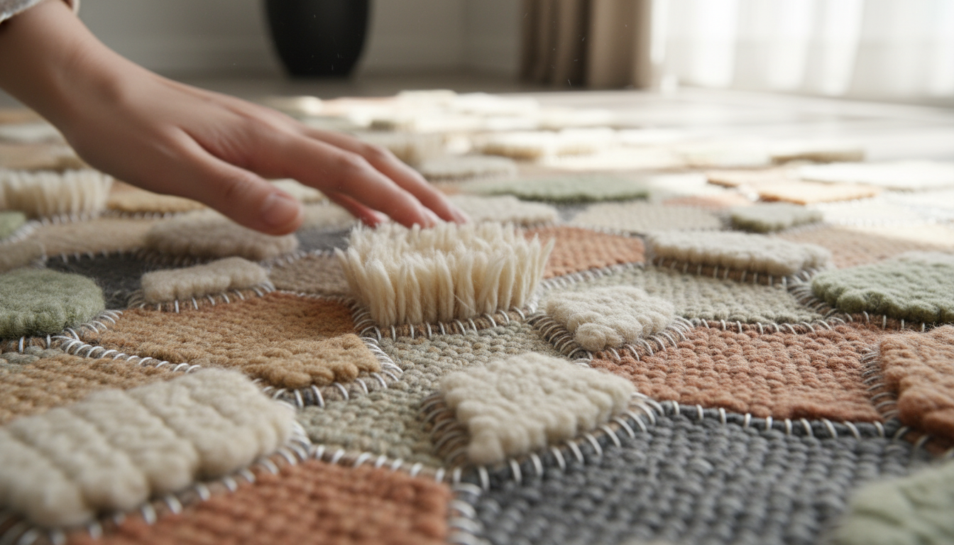 Close-up detail of a 3D woven sensory rug highlighting architectural pile heights and mixed-material knots.