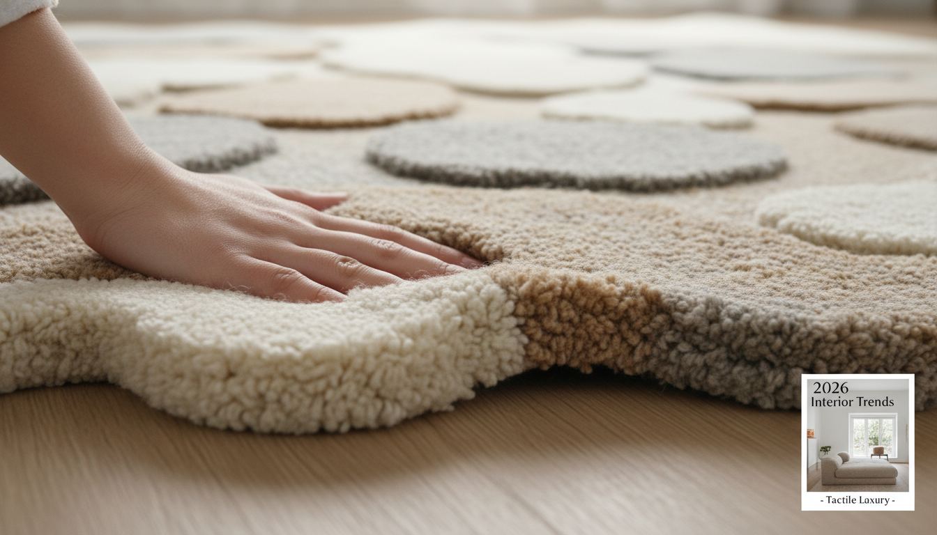 Macro view of a hand-tufted undulating wave-edged rug showing varied pile heights and artisanal textures.