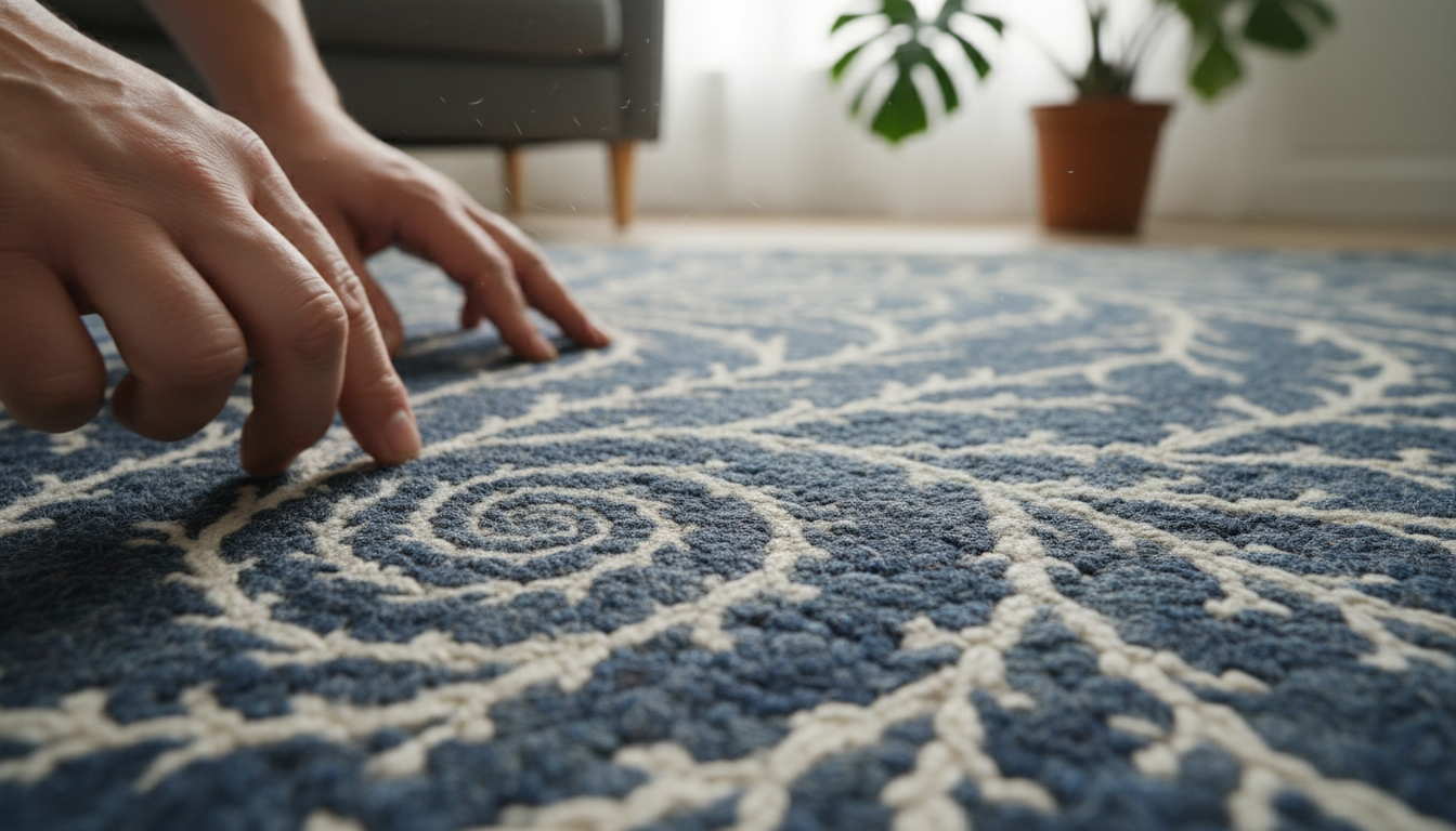Detailed close-up of the textured weave of fractal pattern rugs 2026 illustrating the neuro-aesthetic mathematical repetition.