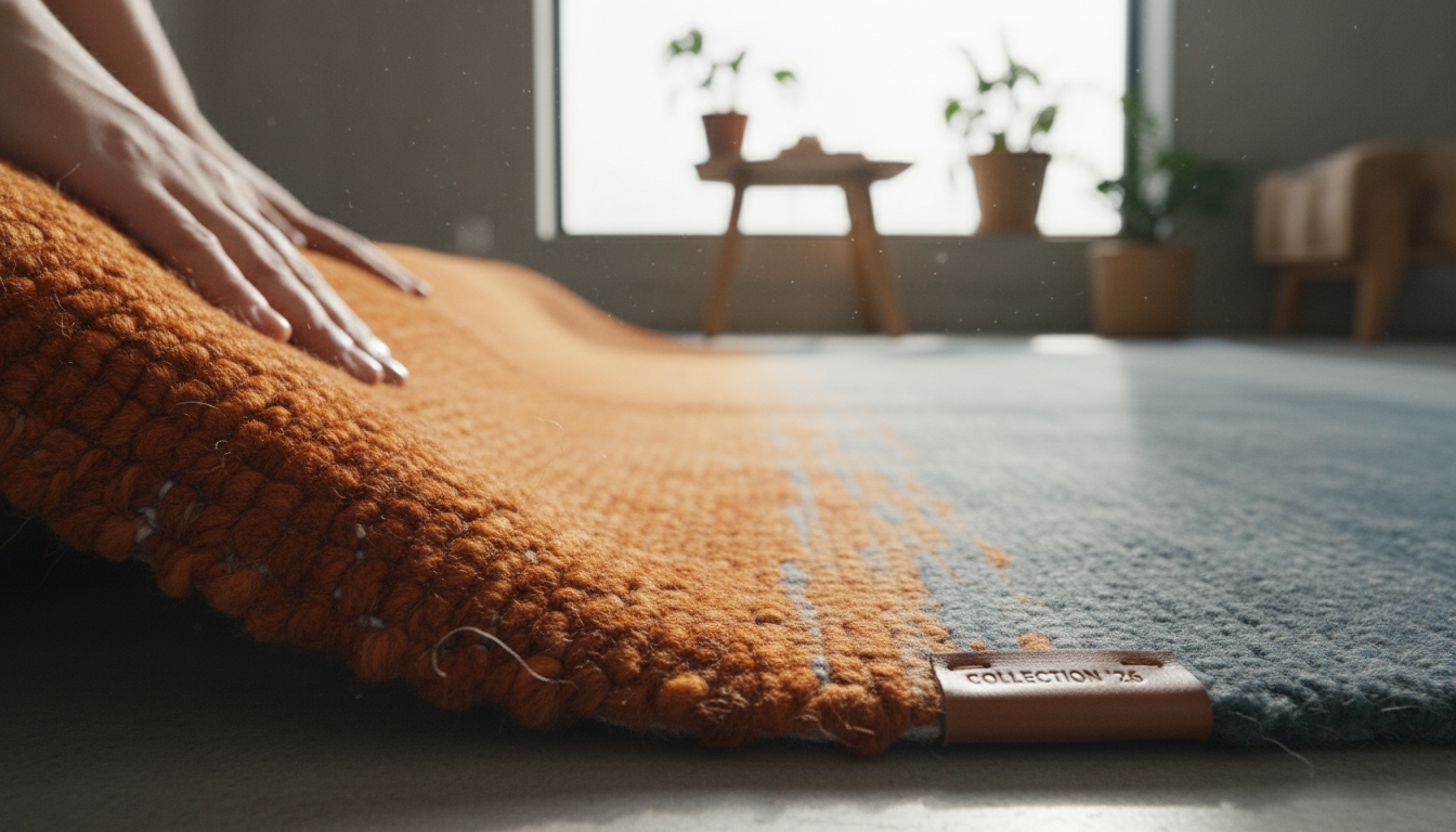 Close-up of scorched ochre and shadow grey rug fibers demonstrating 2026 color trends.