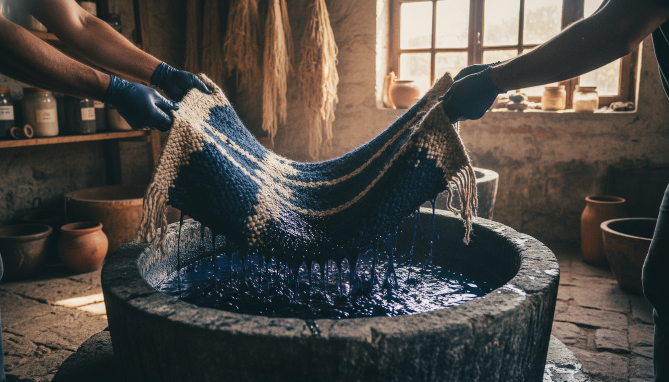 Artisanal indigo dyeing process featuring natural hemp fibers and traditional dye vats for sustainable rug production.