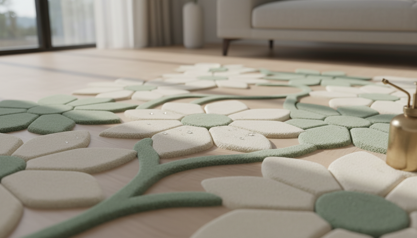 Close-up detail of a romantic minimalist rug featuring 3D petal-inspired weaving and subtle color transitions.