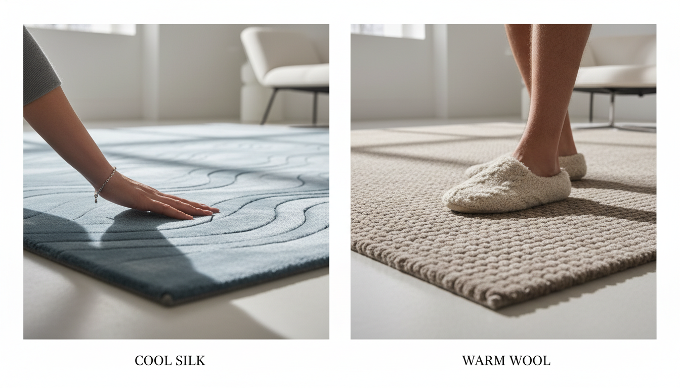 Close-up comparison of cool-toned and warm-toned grey rug fibers demonstrating different undertones.