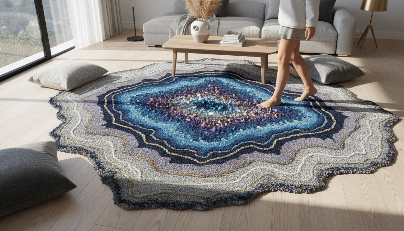 A raw-edge Mineral-Inlay Rug with an asymmetrical geode-inspired shape placed on a polished concrete floor.