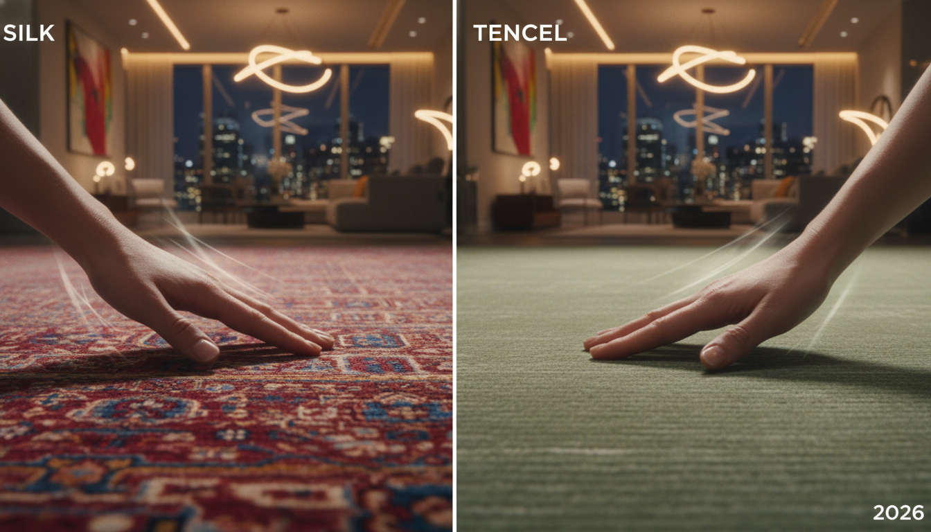 Side-by-side comparison of the reflective properties of silk versus Tencel eucalyptus rugs 2026.