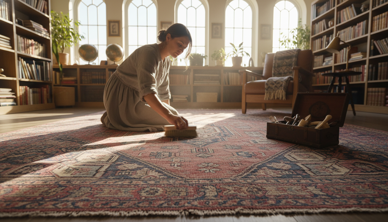 Vintage hand-knotted rug in a luxurious library setting representing durability.