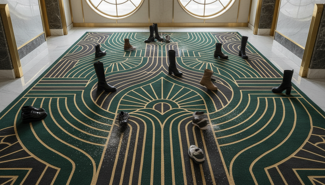 Symmetrical architectural rug design featuring deep hand-carved grooves and geometric precision.