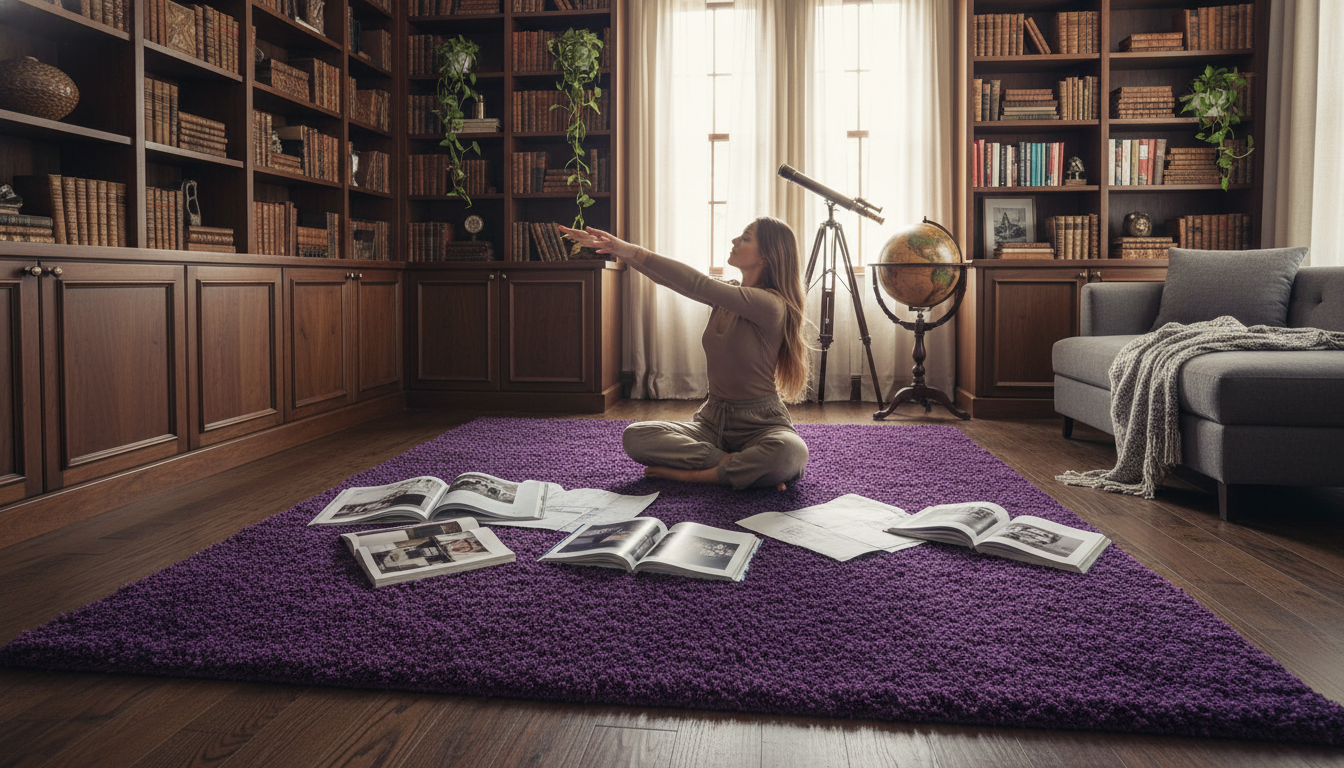 A royal amethyst saturated jewel tone rug providing a grounding psychological presence in a sophisticated home library.