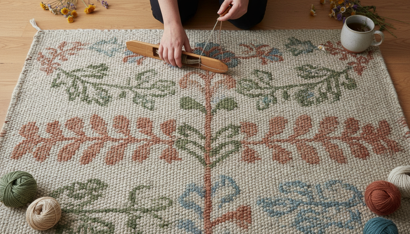 Detailed texture of a hand-woven Folk Nouveau flatweave rug made of hemp and wool.