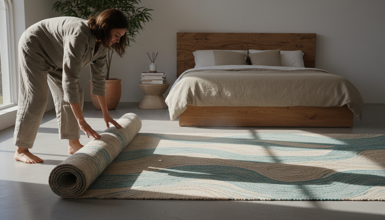 Sustainable seaweed fiber rug in a luxury bedroom setting, highlighting the fluid aesthetics of 2026 eco-luxury trends.