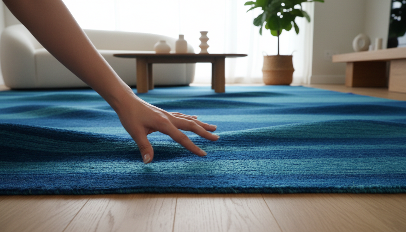 Shimmering silk and wool tonal blue rug 2026 reflecting natural light in a luxury bohemian setting.