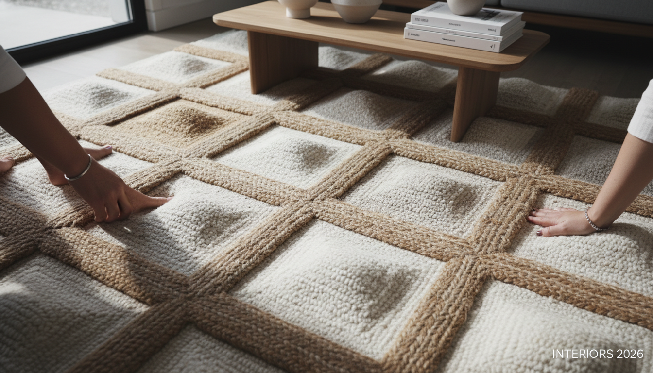 High-low pile construction of an Afro-Bohemian rug illustrating the contrast between jute and wool fibers.