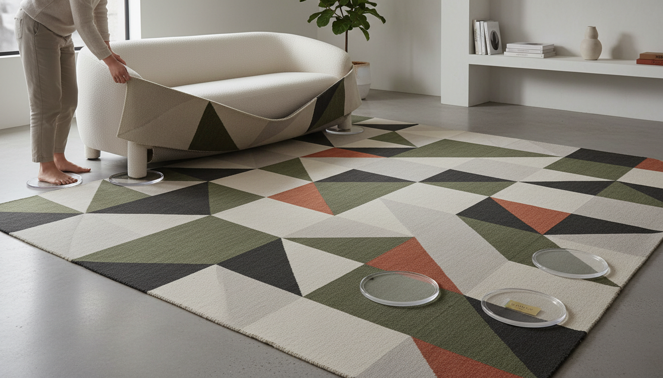 Elegant interior design showcasing proper furniture placement on a rug to prevent fiber compression and uneven wear.