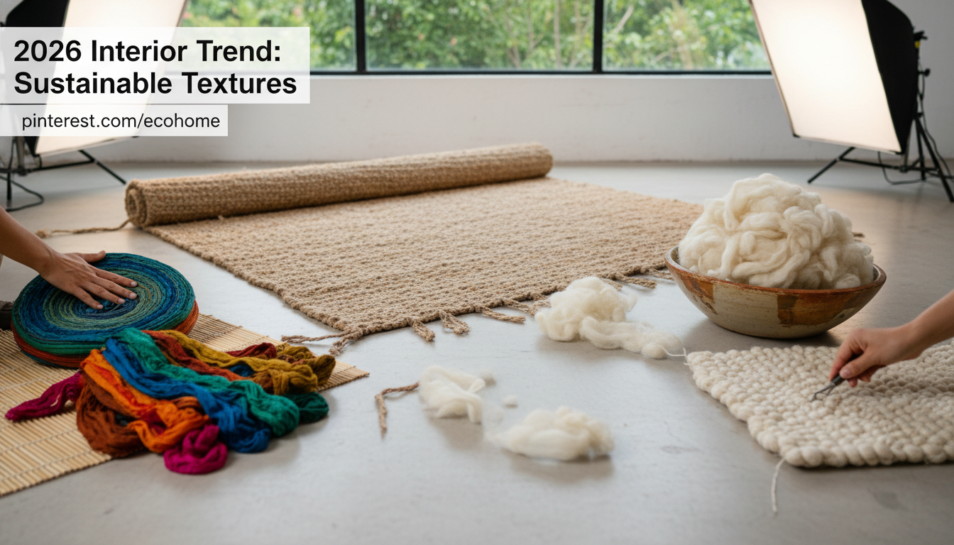 Collection of sustainable fibers used in sensory rugs 2026 including silk, wool, and natural jute.