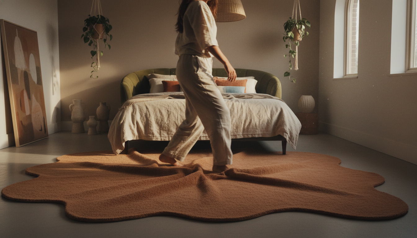 Contemporary boho bedroom featuring a sandstone undulating wave-edged rug and curved furniture.