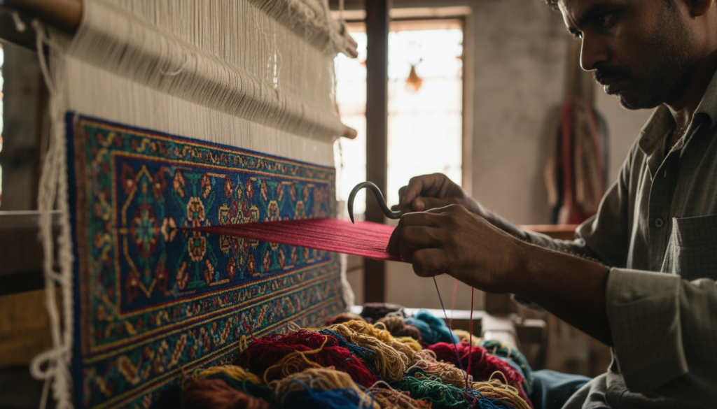 Detailed shot of an artisan weaving a high-quality rug in Bhadohi, India.