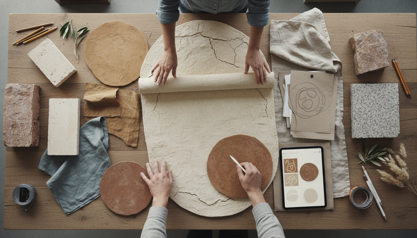 Interior design mood board featuring mineral-toned rug samples and natural materials.