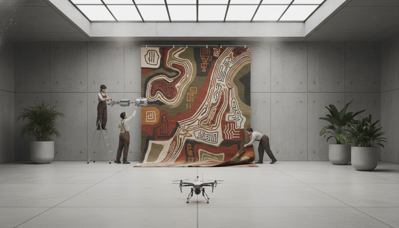 Large abstract scorched ochre rug displayed as wall art to emphasize the art-for-the-floor concept.