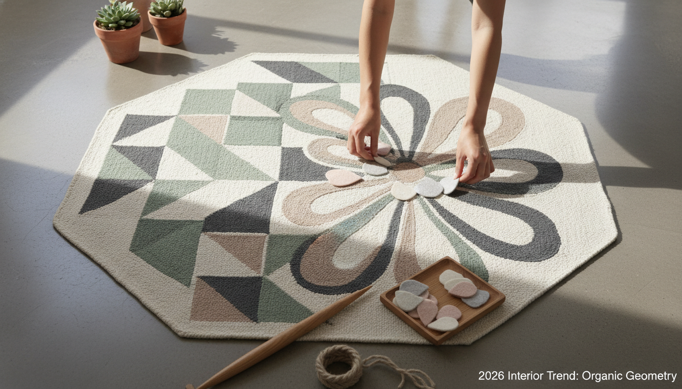 Top-down view of a rug design illustrating the transition from rigid geometry to soft-edged floral patterns.