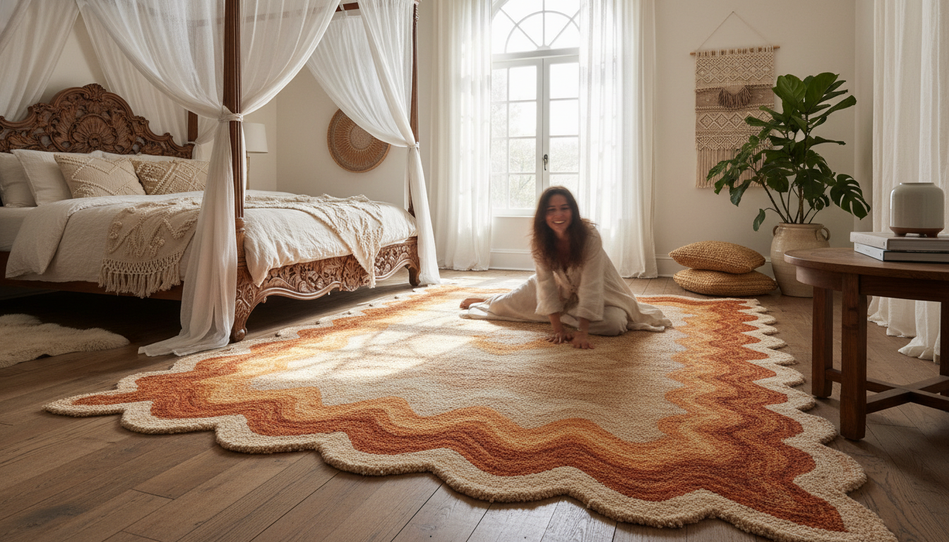 Sculptural edge rug with wavy borders in a boho-chic bedroom setting.