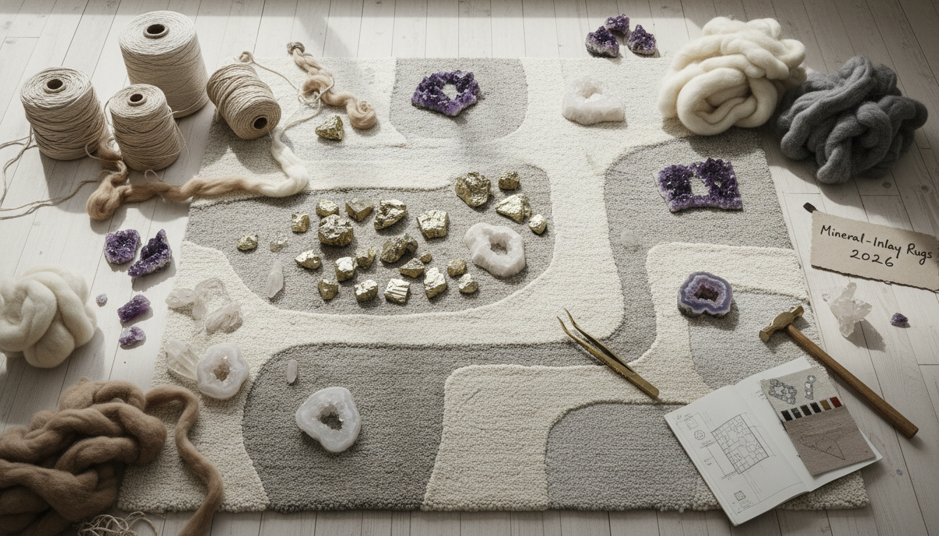 Raw materials for 2026 mineral-inlay rugs including unrefined quartz fragments and high-quality organic silk yarns.