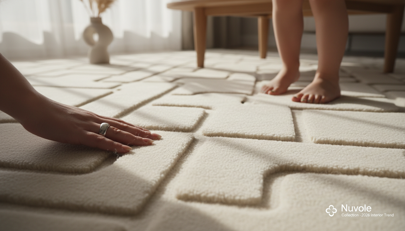 A monochromatic rug with high-low pile texture representing the sculptural 3D trend in modern flooring.