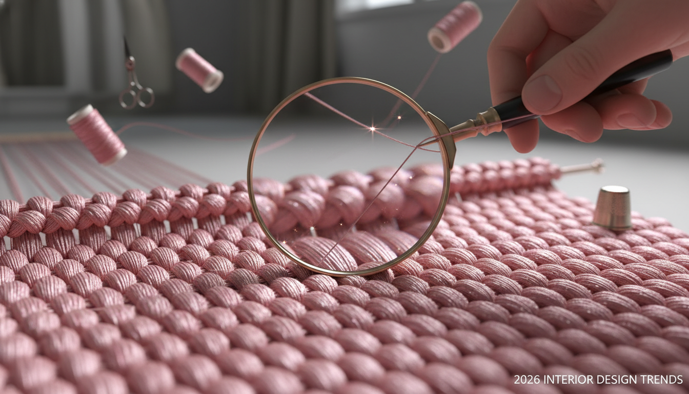 Macro shot of high-quality pink silk rug fibers demonstrating the craftsmanship and luster of luxury floor art.