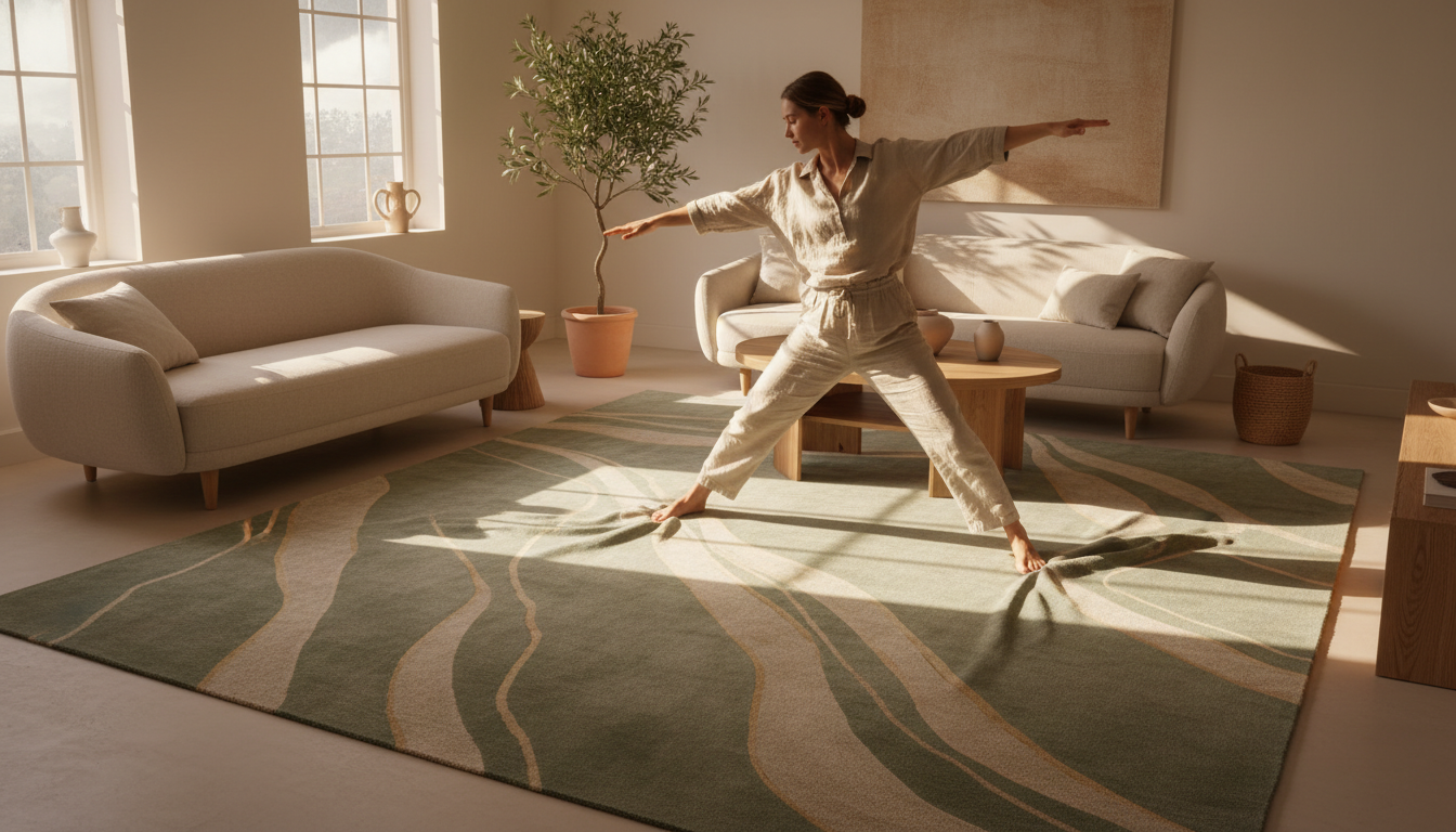 A luxury Tencel eucalyptus rug featuring biophilic colors and iridescent sheen in a modern living room.