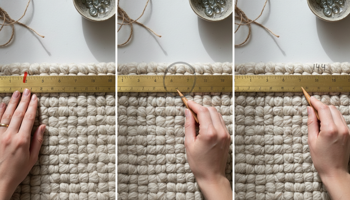 Detailed guide visual showing how to count knots per square inch on the back of a textile.