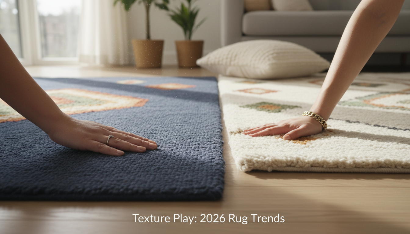 Detailed view of hand touching different rug textures to show pile density.