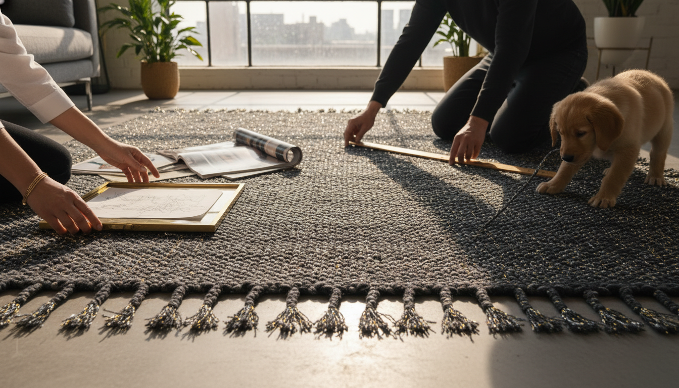Luxury rug featuring metallic tonal weaves that create a reflective, liquid-like surface.