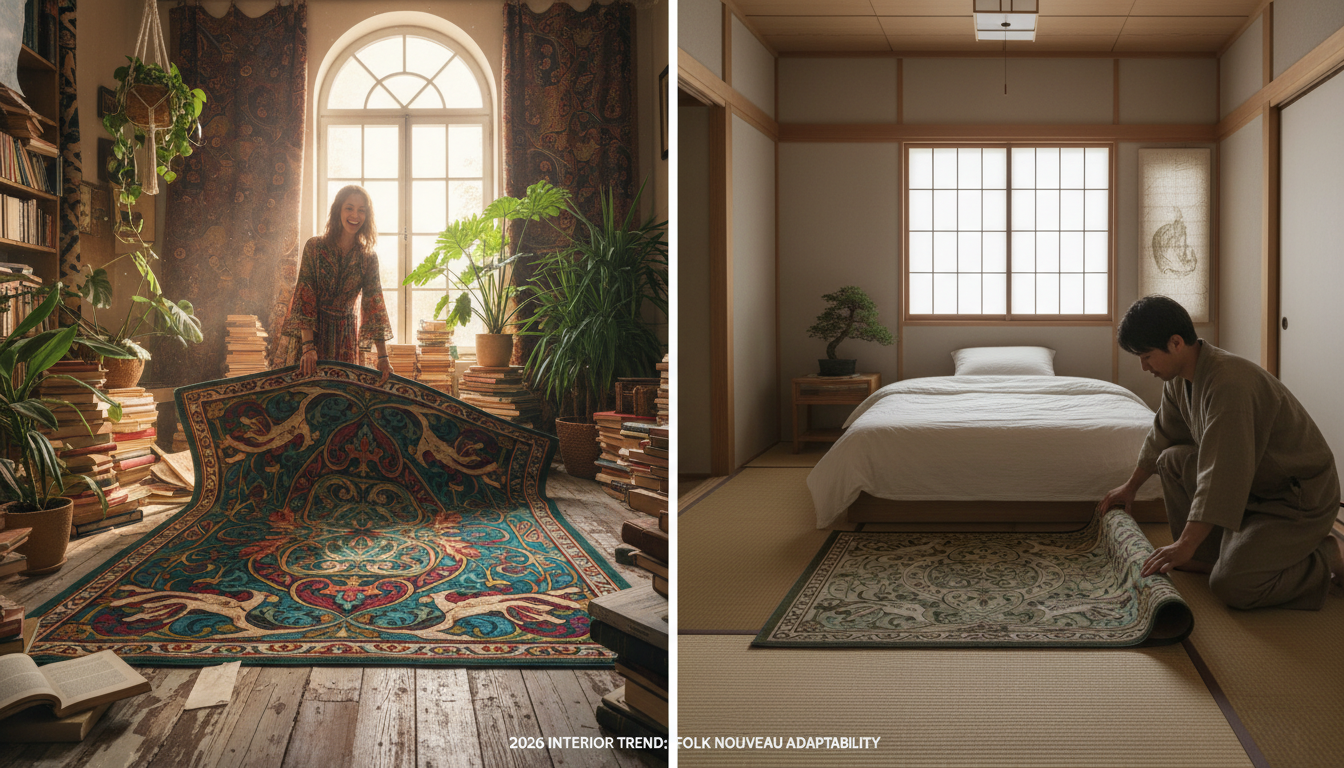 Versatile styling of Folk Nouveau flatweave rugs in both maximalist and minimalist interior settings.