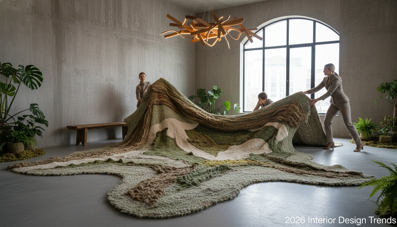 Biophilic brutalist interior featuring a custom-shaped sustainable bio-fiber rug 2026.