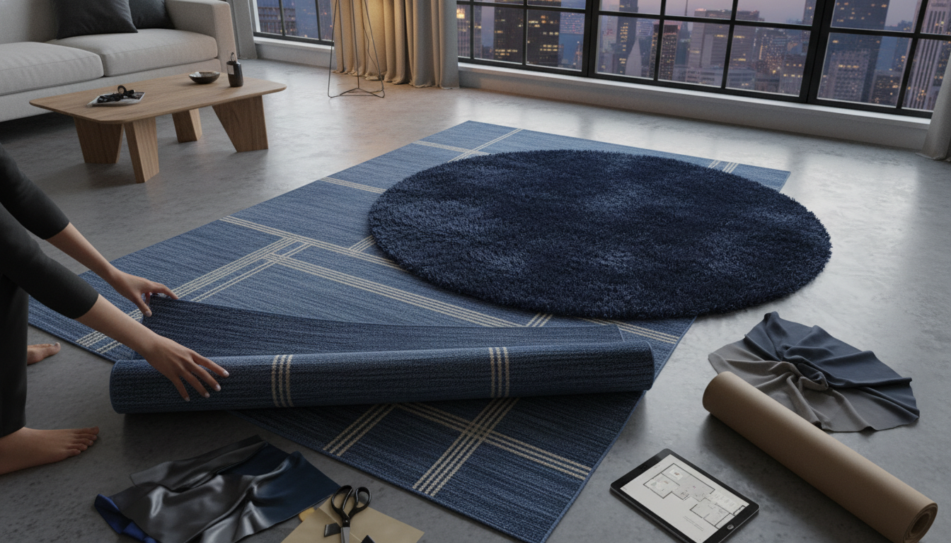 Expertly layered tonal blue rugs creating a monochromatic and textural base in a high-end loft.
