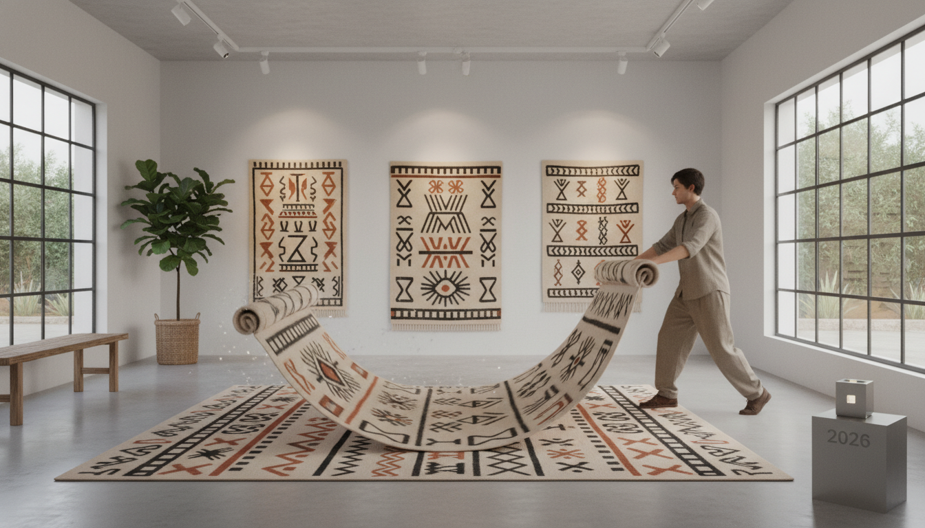 Contemporary rug with traditional African mud cloth symbols reimagined for modern luxury interiors.