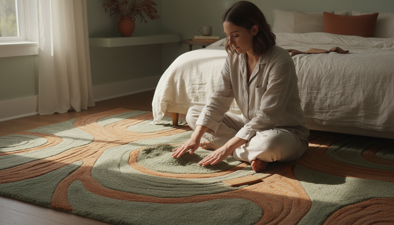 Sage green sensory rug with ripple textures providing a chromotherapy-inspired aesthetic in a bedroom.