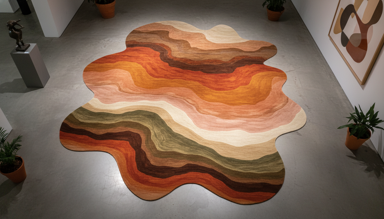 Overhead view of an abstract undulating wave-edged rug serving as a central piece of floor art.