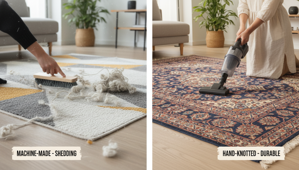 Comparison between low-quality synthetic rugs and premium hand-knotted investment pieces.