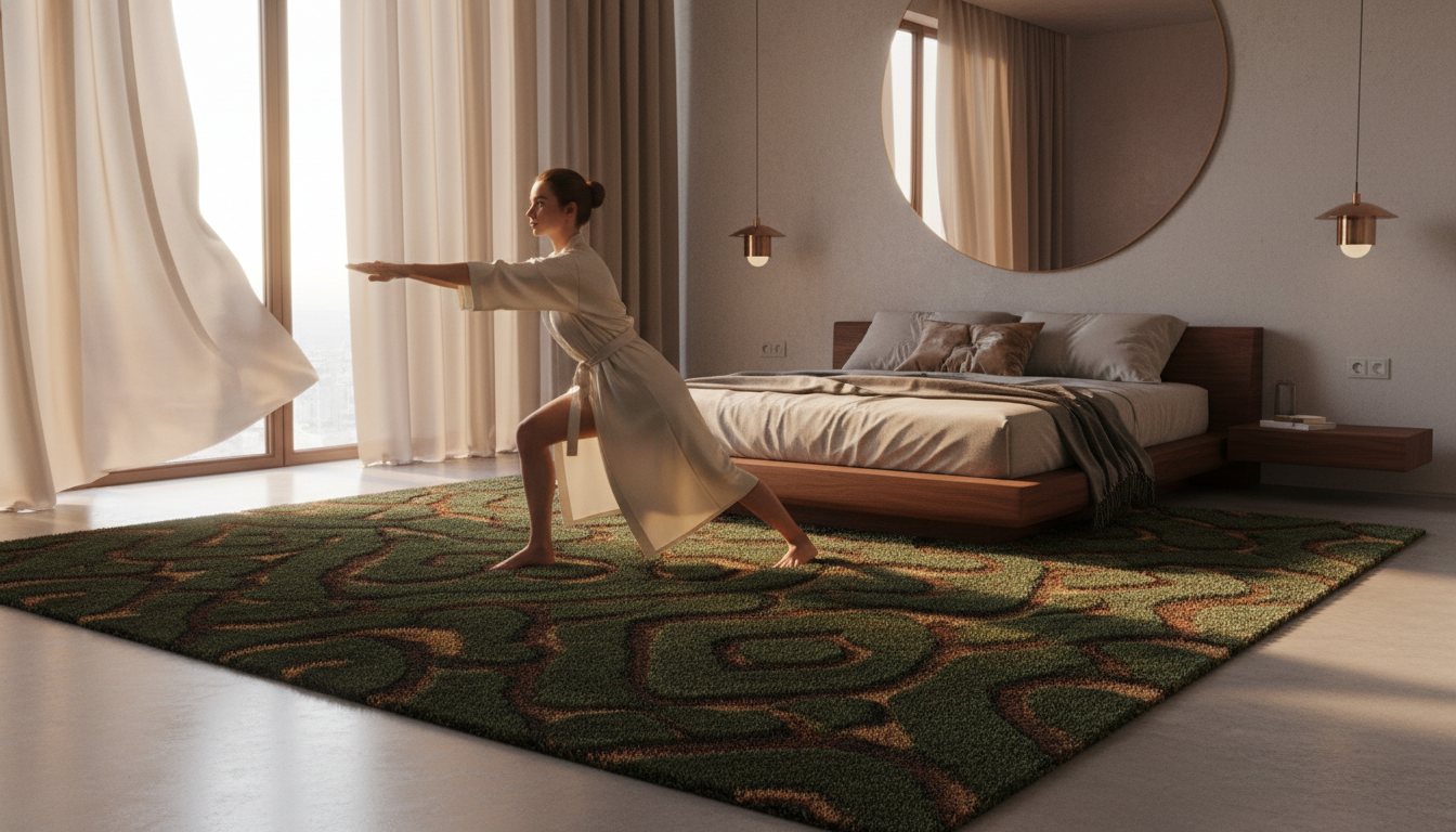 Master bedroom featuring a moss green fractal pattern rug with iridescent accents, a key 2026 design trend.