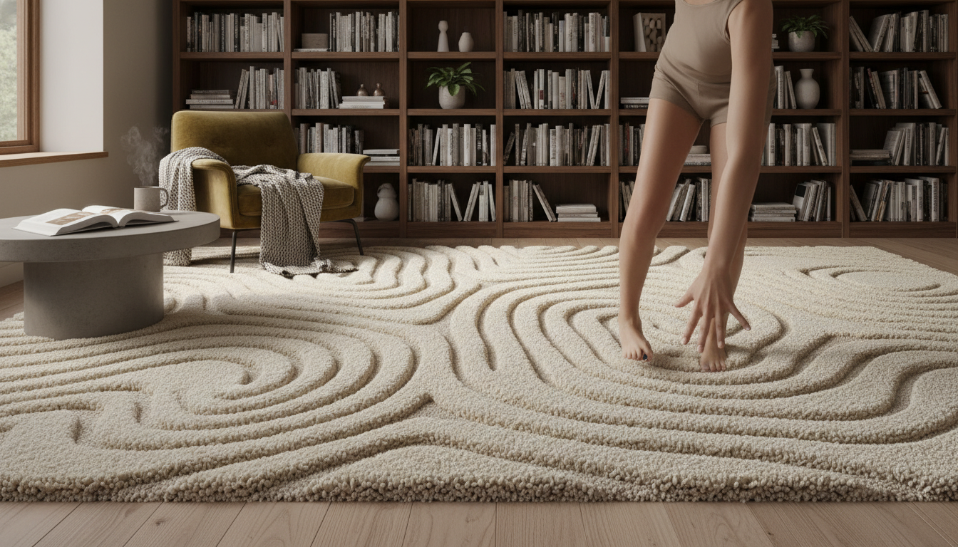 Thick sculptural rug in a quiet library setting demonstrating acoustic benefits.