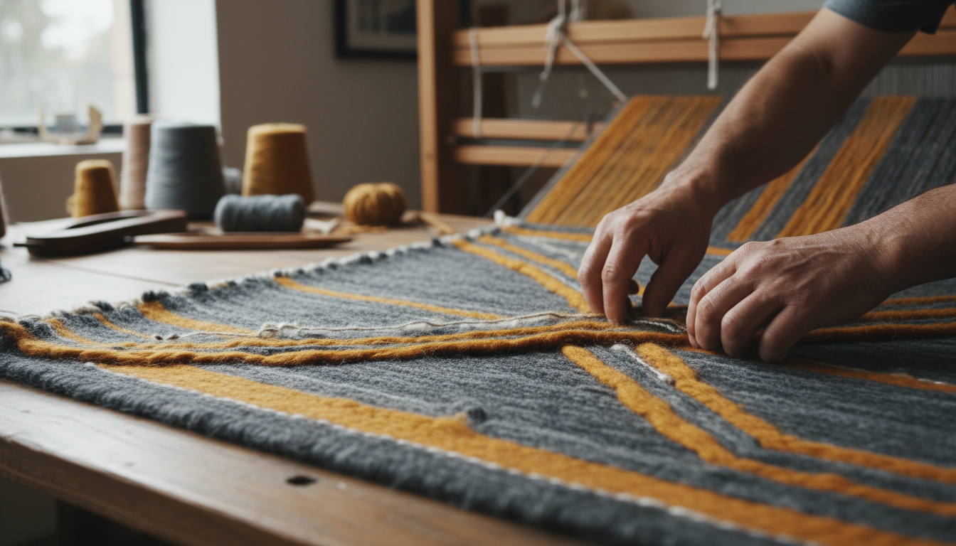 Hands of an artisan weaving a high-end rug using scorched ochre and shadow grey materials.